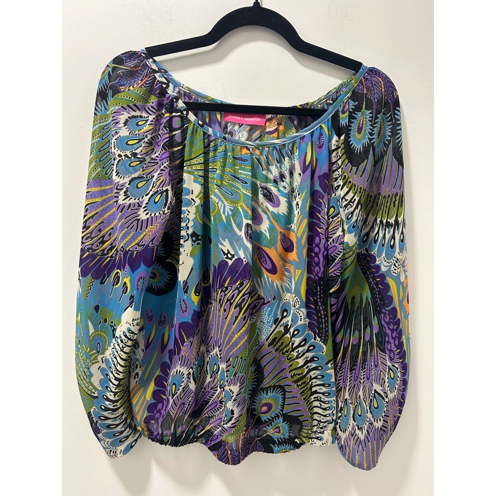Pookie & Sebastian Peacock Feather Print Blouson Blouse Purple Blue One Size
